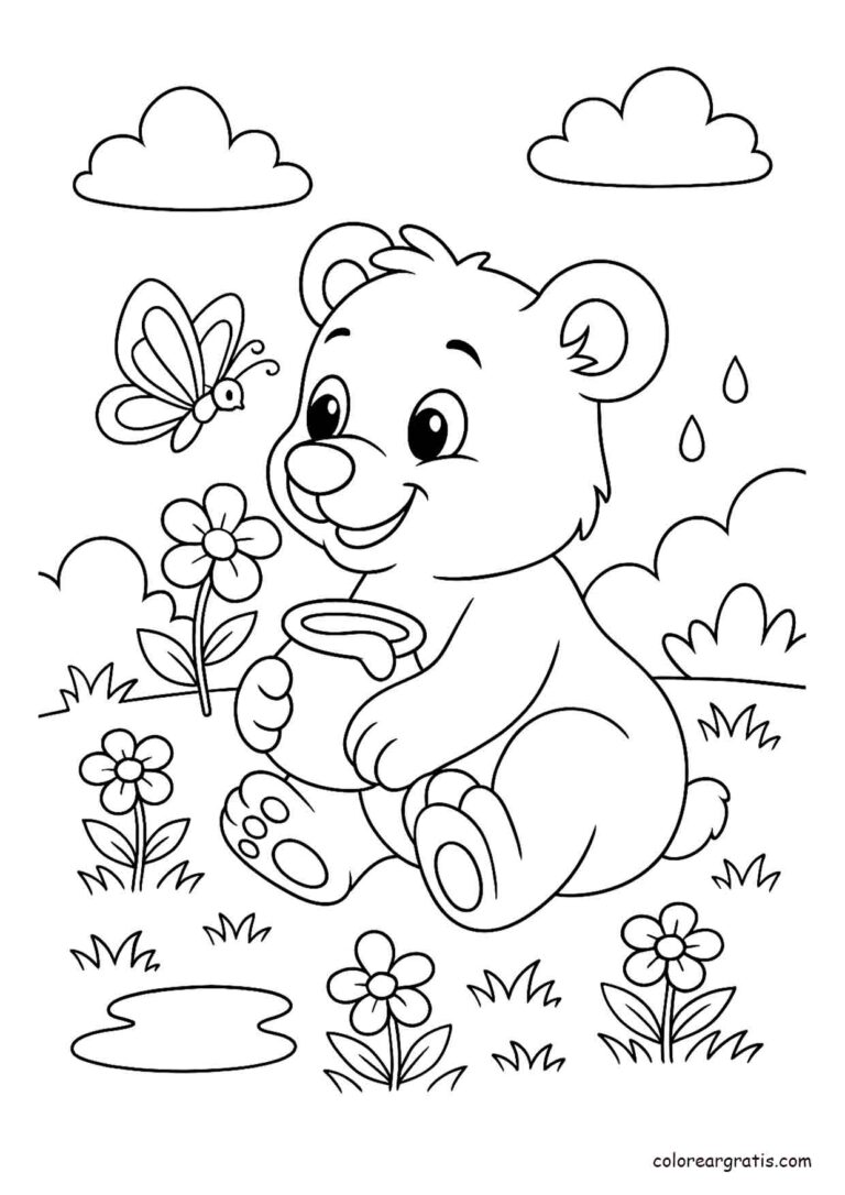 Dibujo de un osito sosteniendo miel rodeado de flores y una mariposa