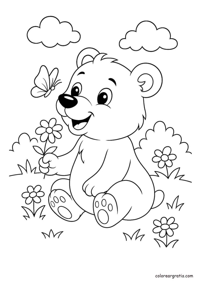 Dibujo de un osito con una flor mirando una mariposa en un jardín