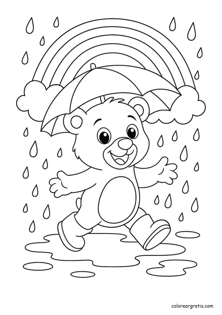 Dibujo de un oso feliz con paraguas saltando bajo la lluvia con un arcoíris