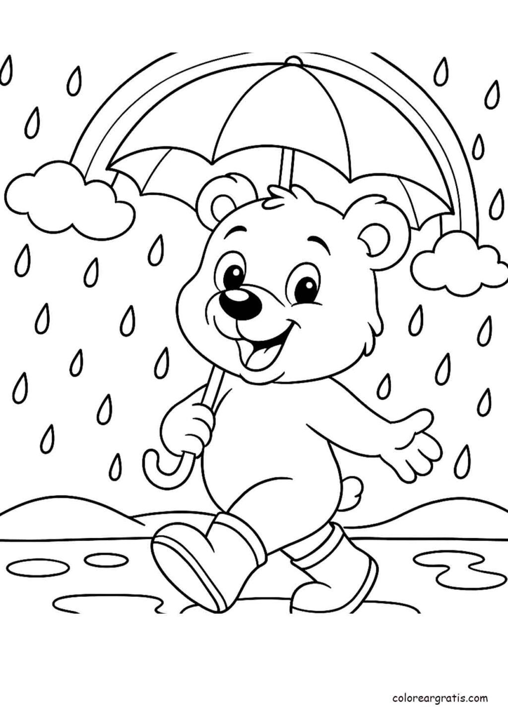 Dibujo de un osito caminando bajo la lluvia con un paraguas y botas