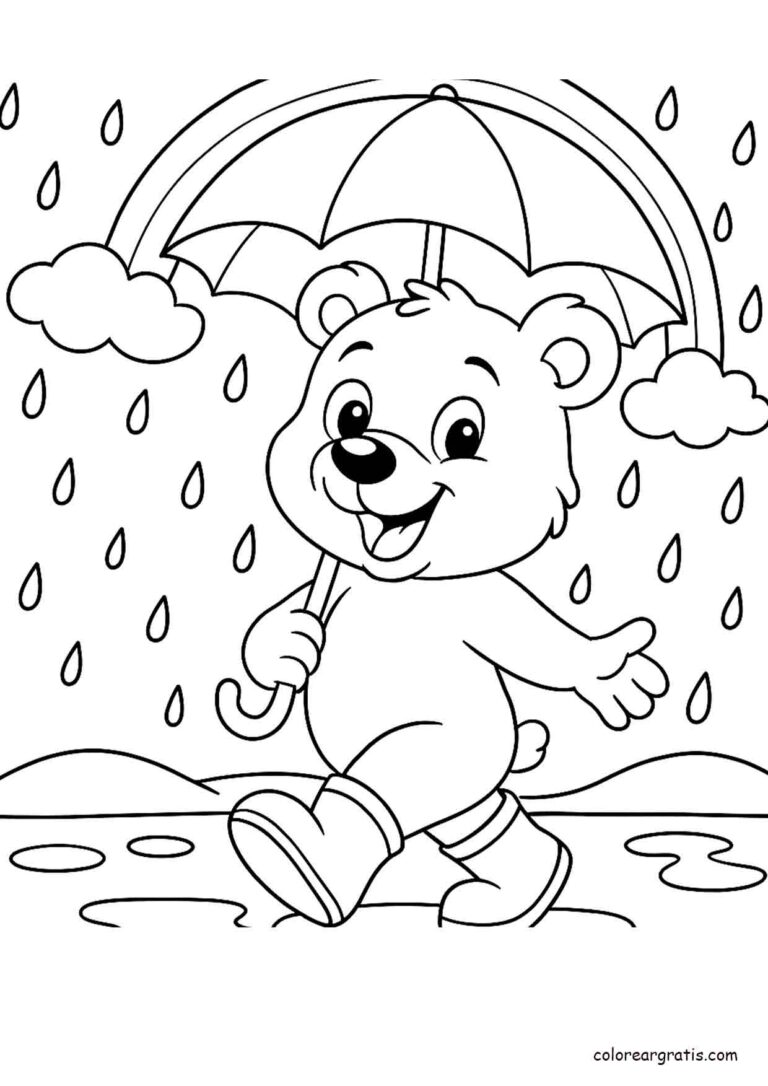 Dibujo de un osito caminando bajo la lluvia con un paraguas y botas