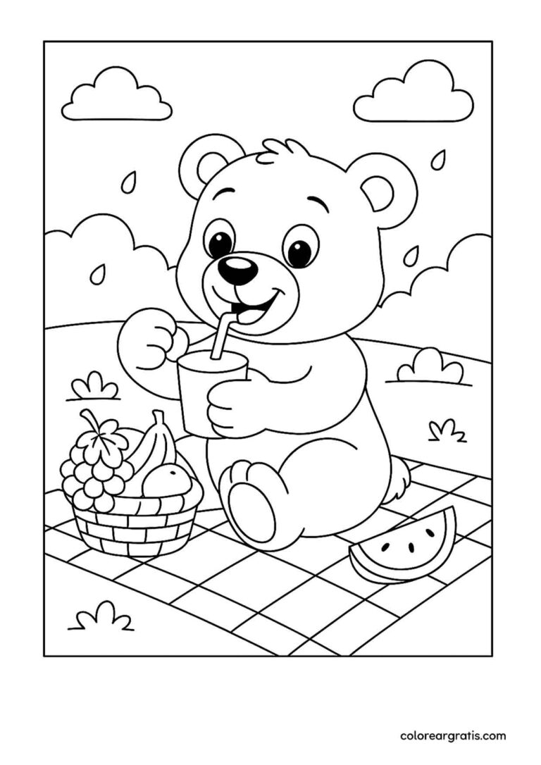 Dibujo de un osito en picnic bebiendo jugo junto a una cesta de frutas