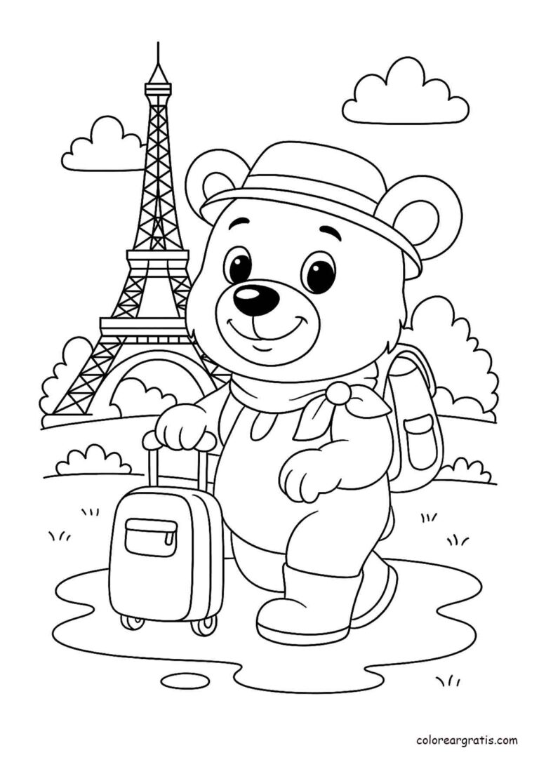 Dibujo de un osito con maleta y mochila frente a la Torre Eiffel en París