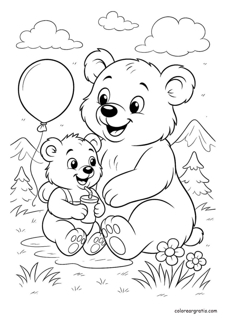 Dibujo tierno de un osito con su mamá en la montaña con un globo y jugo