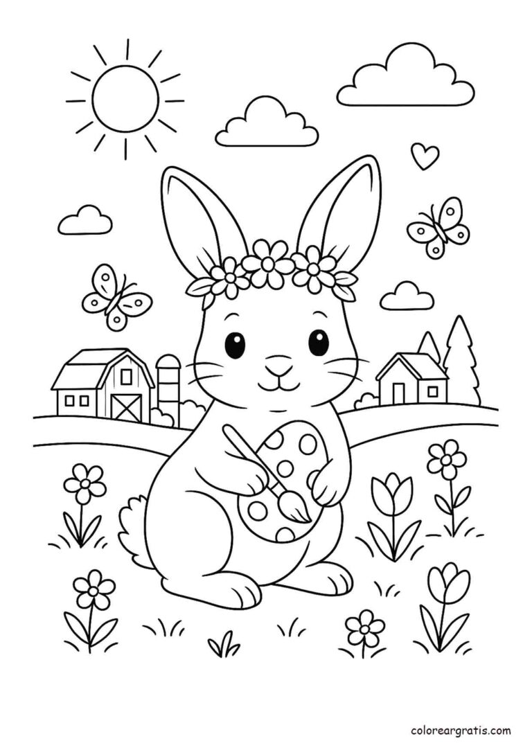 Rabbit painting on a farm in spring Coloring page for kids featuring rabbit.