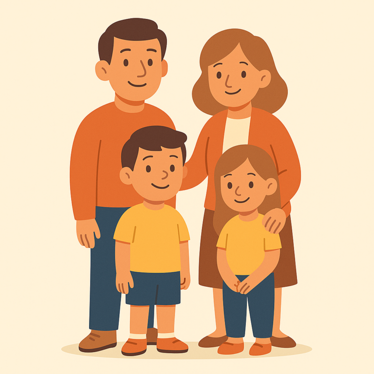 Sobre nosotros: hombre, mujer, niña y niño — ilustración en estilo plano