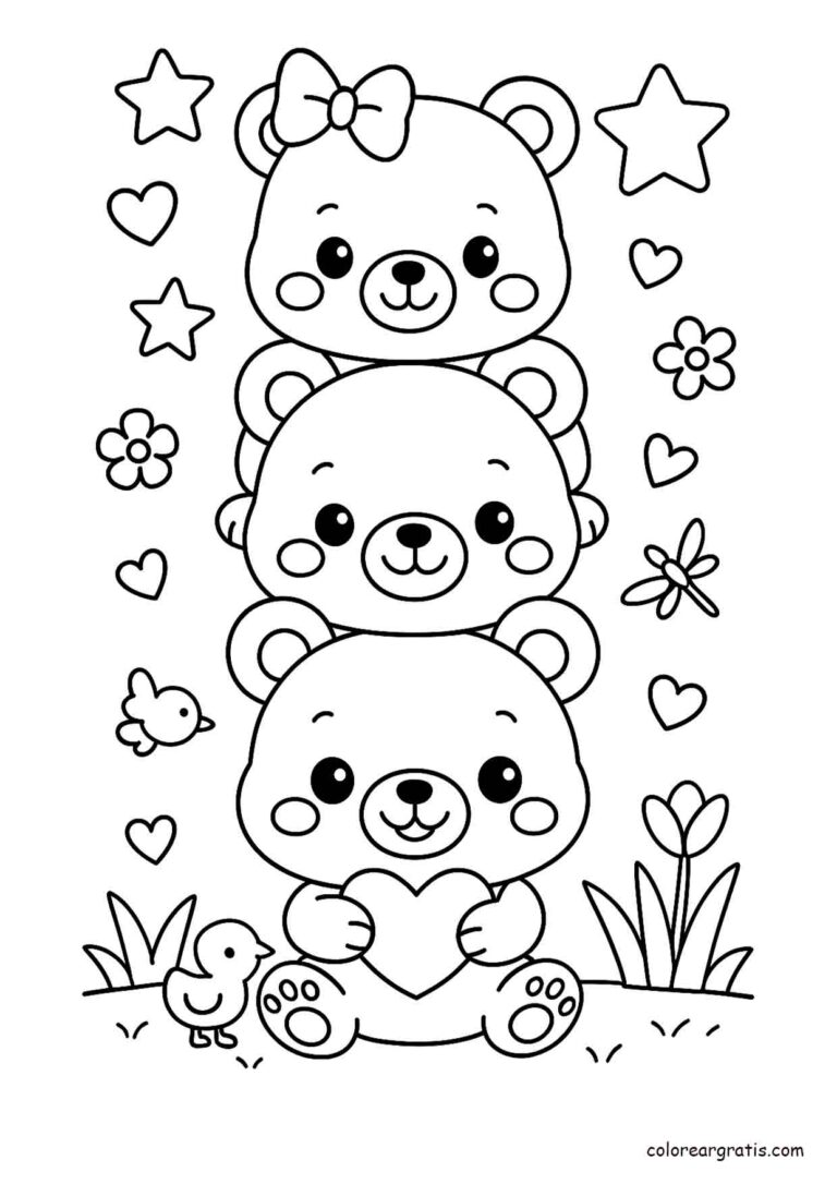 Dibujo para colorear de tres ositos apilados con corazones, flores y estrellas alrededor